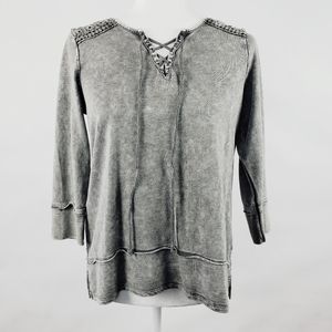 Christopher & Banks Grey Tie Neckline Embroidery Quarter Length Sleeve Top Small